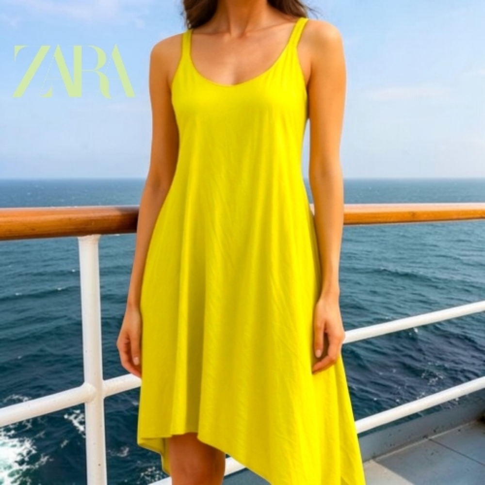 ZARA TRAFALUC Neon Lemon/Lime Sleeveless Asymmetrical Hem Swingy Mini Dress XS